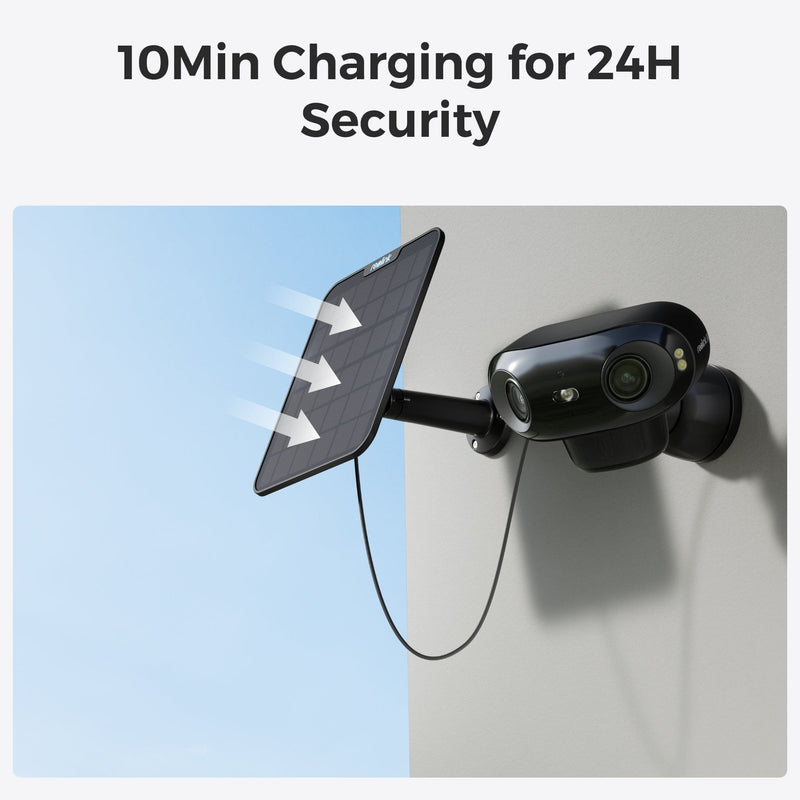 Reolink Argus 4 Pro outdoor security camera mounted on a wall with solar panel and blue sky background.