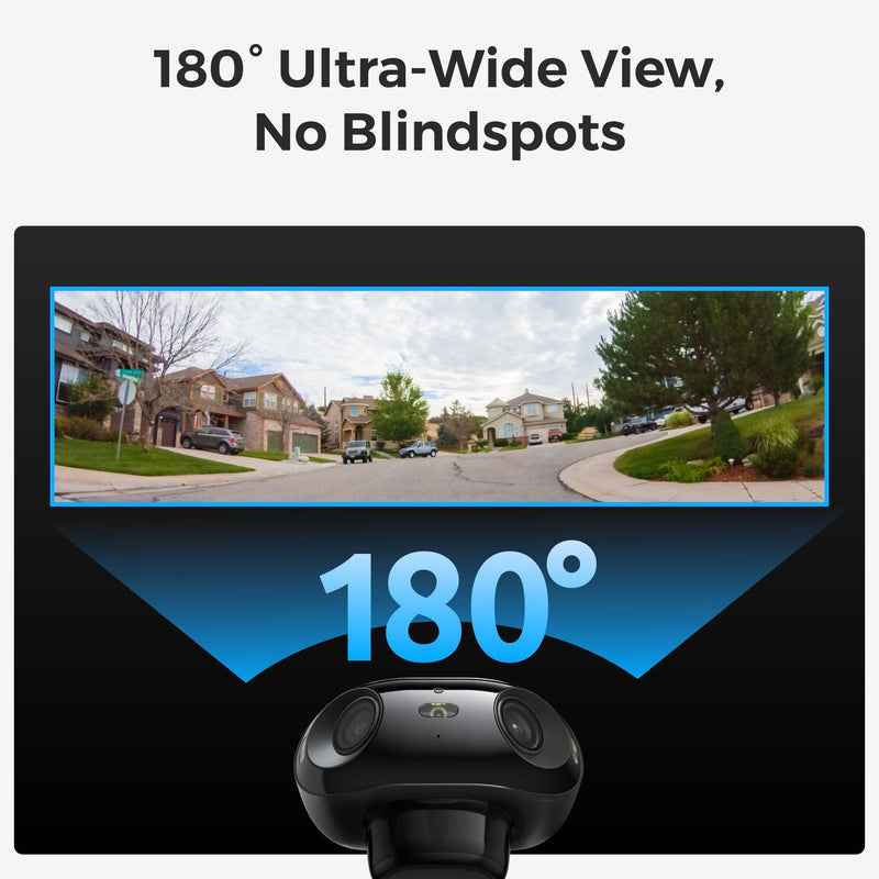 Reolink Argus 4 Pro security camera showing a 180 degree panoramic view of a residential street with houses and cars.