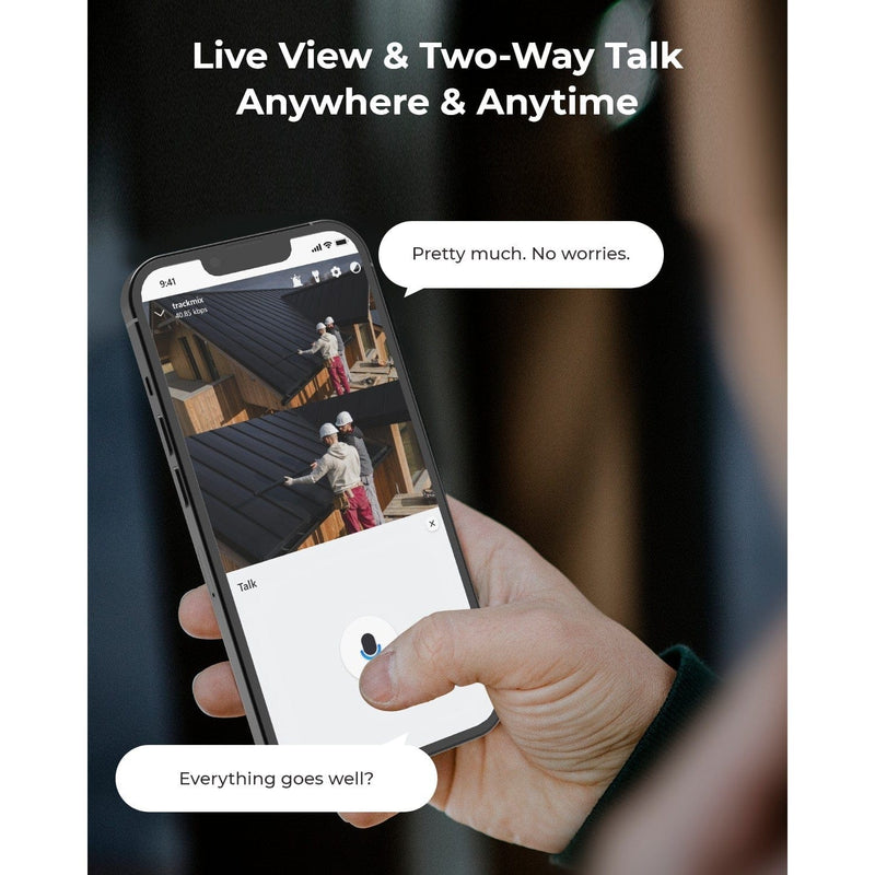 Smartphone showing Reolink security camera live view and two-way audio communication.