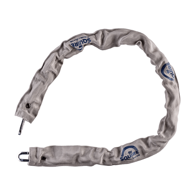 Image of a Squire Toughlock 3536C hardened steel chain, 900mm in length and with 5mm diameter links, with a grey sleeve with visible blue Squire branding.