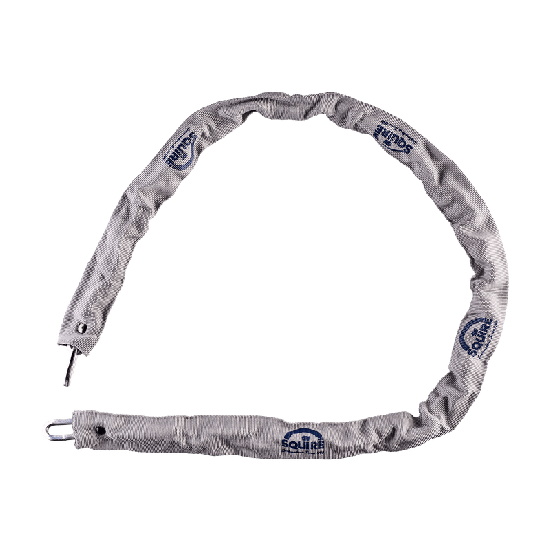 Image of a Squire Toughlock 3548C hardened steel chain, 1200mm in length and with 5mm diameter links, with a grey sleeve with visible blue Squire branding.