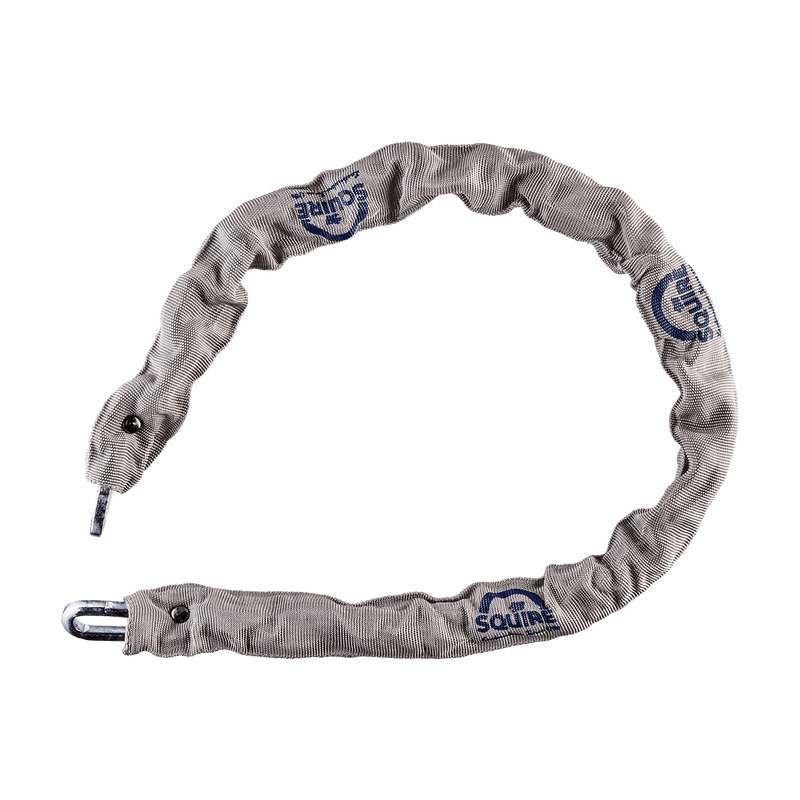 Image of a Squire Toughlock CP36P hardened steel chain, 900mm in length and with 6.5mm diameter links, with a grey sleeve with visible blue Squire branding.