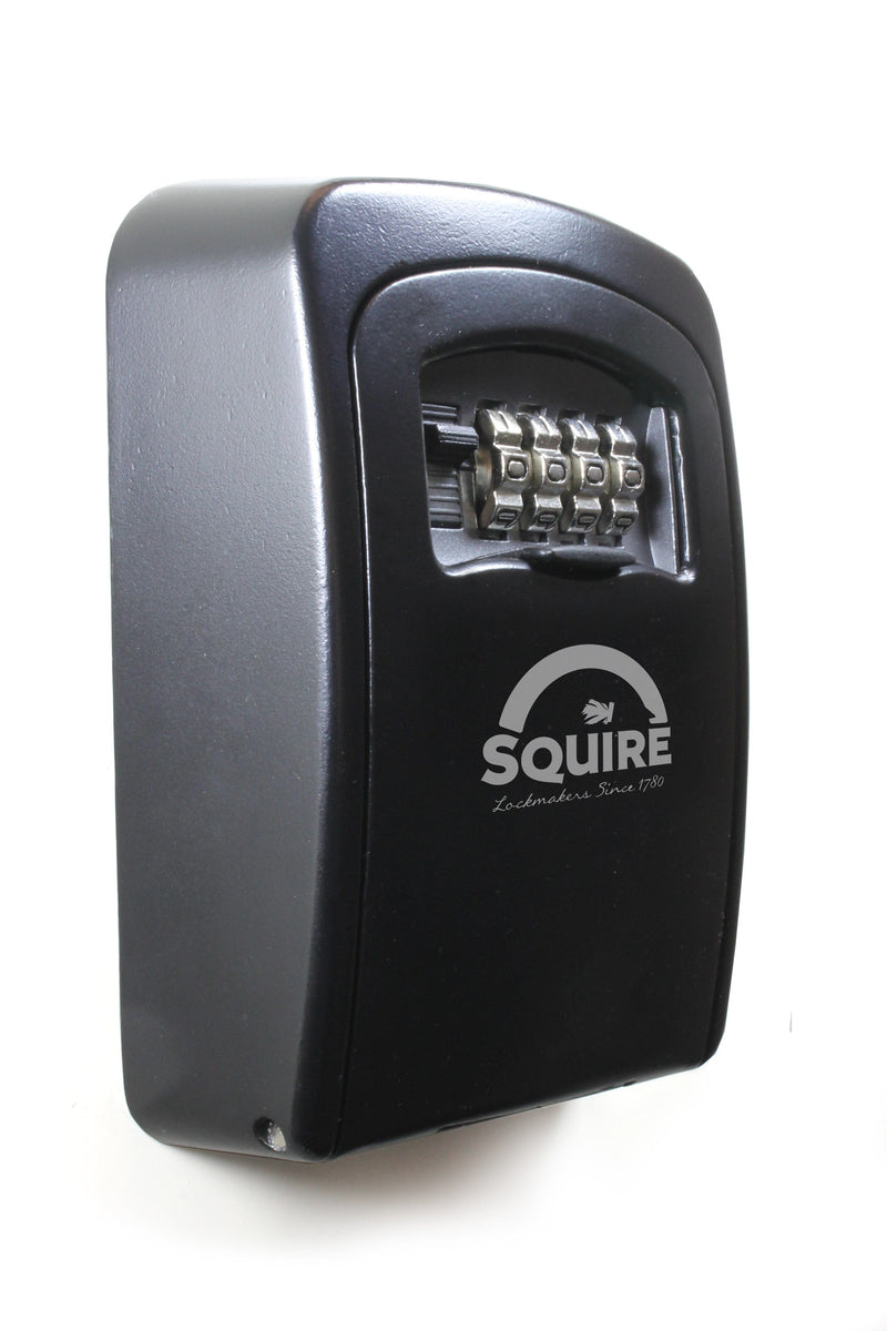 Side angle image of a Squire Keykeep™1 black die-cast alloy steel heavy-duty and high security 4 wheel recodable combination lock outdoor key safe. 