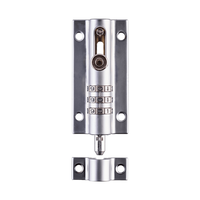 Front view image of a chrome-finish Squire ‘Combi-Bolt 3’, a 3-wheel recodable light to medium-duty combination locking bolt suitable for use on sheds and workshops, storage units, lockers, cupboards and cabinets.