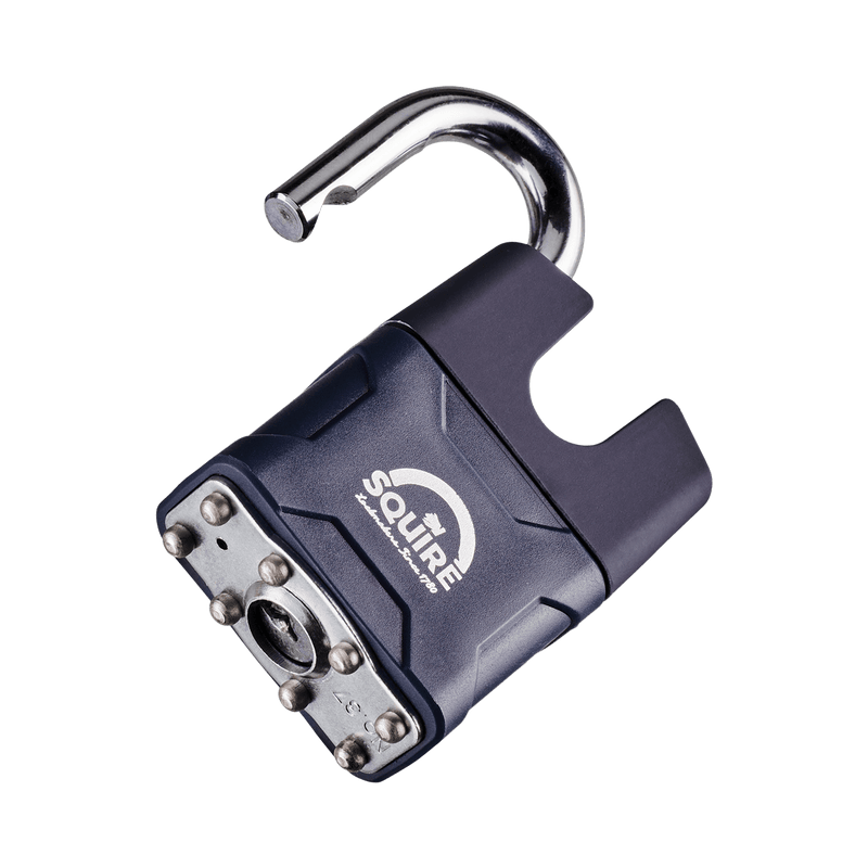 A blue Squire 37CS medium duty closed shackle padlock on its side featuring an 8mm hardened steel shackle, suitable for a range of garden and outdoor security applications.