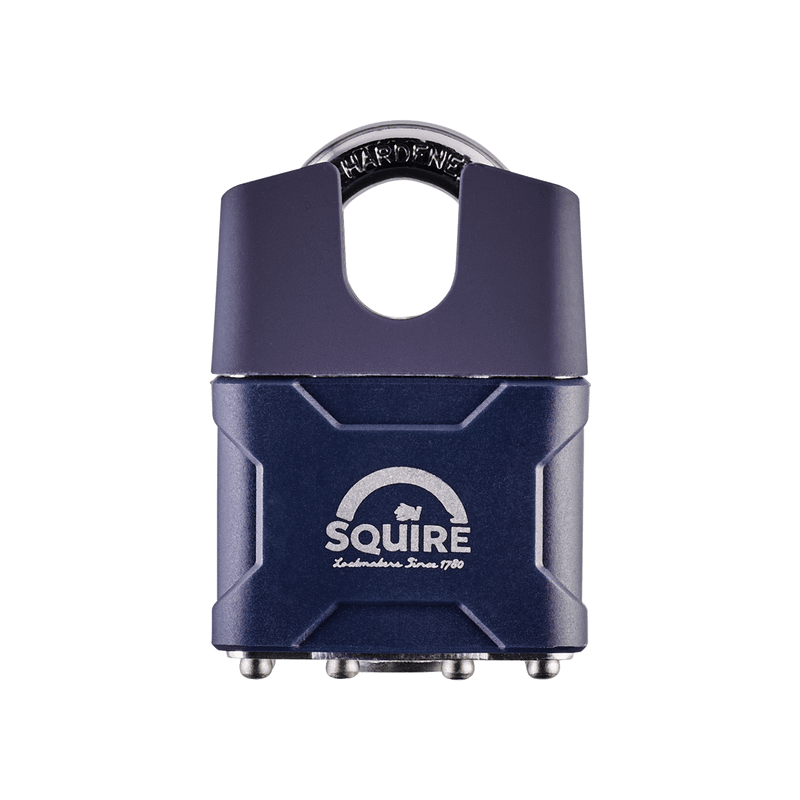 A blue Squire 37CS medium duty closed shackle padlock featuring an 8mm hardened steel shackle suitable for a range of garden and outdoor security applications.