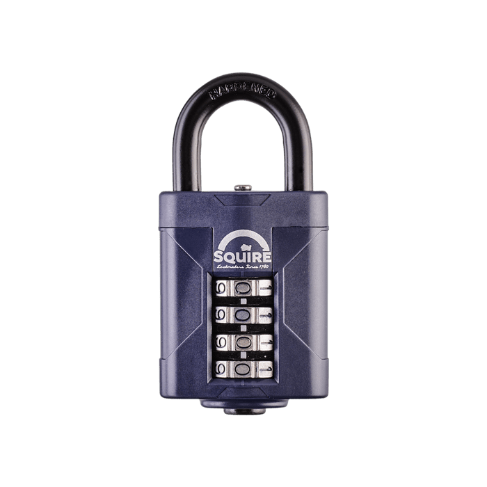 A blue Squire CP50 heavy-duty open-shackle combination padlock with an 8mm hardened steel shackle and 4-wheel recodable mechanism suitable for a range of garden and outdoor security applications. 