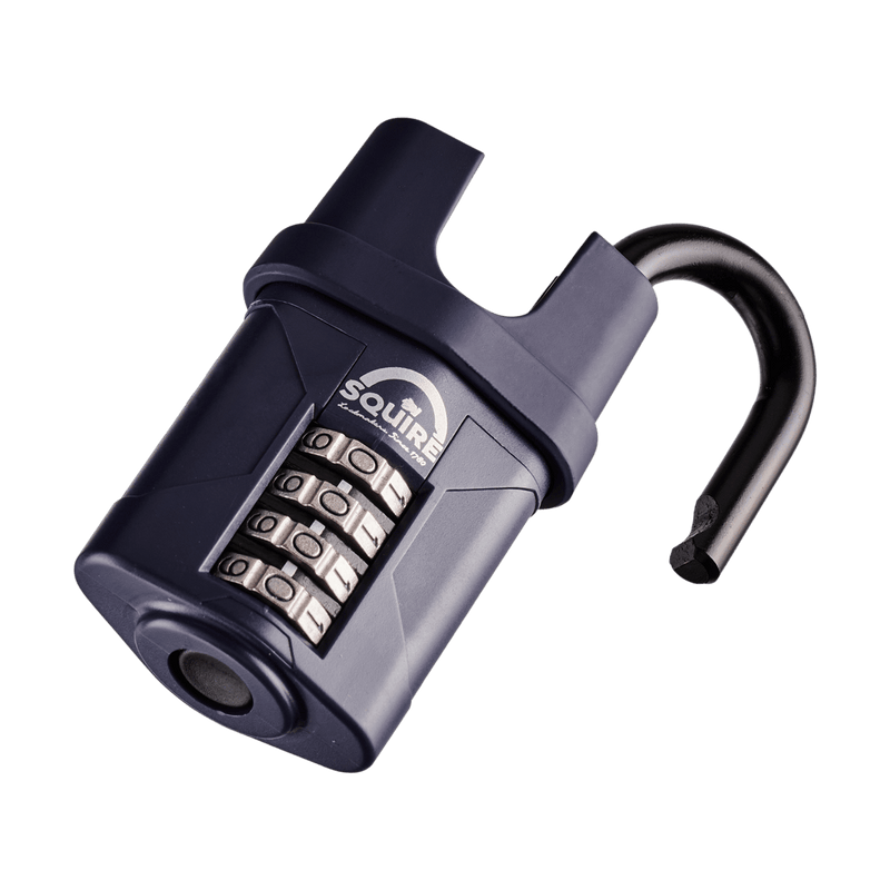 A blue Squire CP50CS heavy-duty closed-shackle combination padlock with its 8mm hardened steel shackle open and its 4-wheel recodable mechanism on the front, suitable for a range of garden and outdoor security applications. 