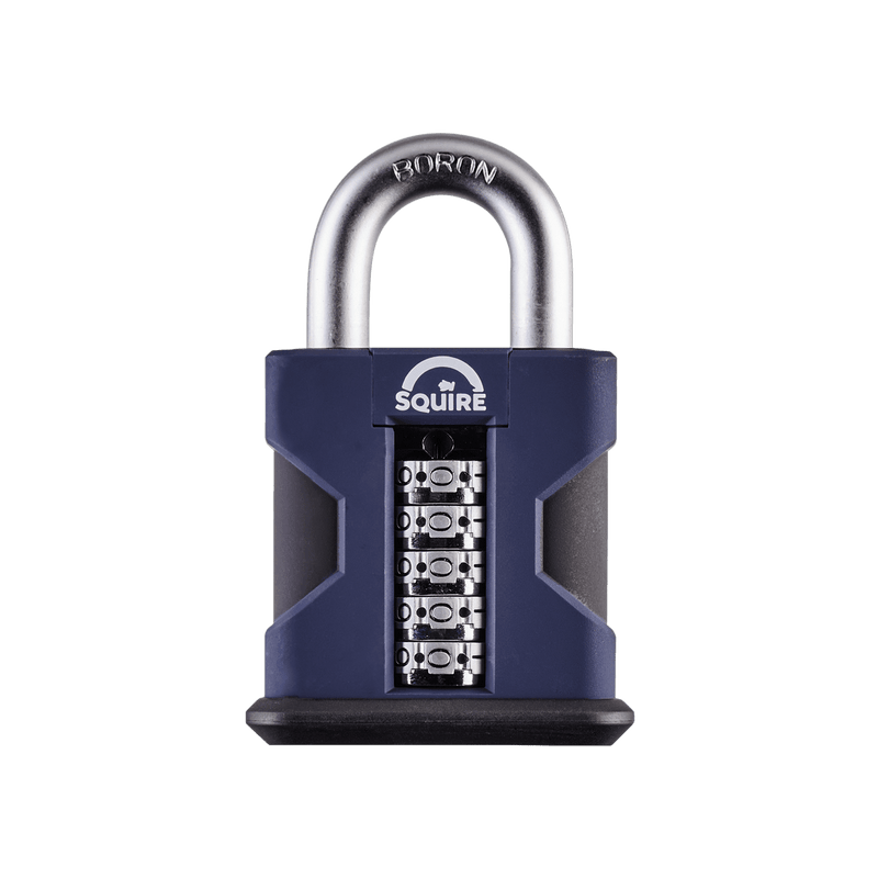 A dark blue and black Squire SS50 COMBI heavy-duty extra high security open-shackle steel combination padlock with a 10mm hardened boron alloy steel shackle and 5-wheel recodable mechanism suitable for a range of garden and outdoor security applications. 