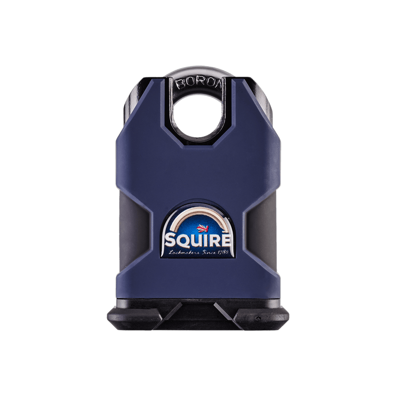 A dark blue and black Squire Stronghold brand extra high-security rated 50mm closed shackle padlock with a branded label on the front suitable for a range of outdoor security uses.