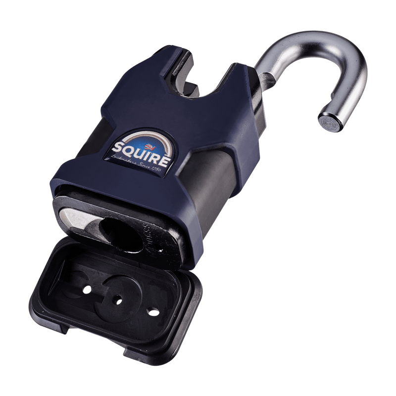 A dark blue and black Squire Stronghold brand high-security 50mm closed shackle padlock with a branded label on the front and its shackle and weather cover open.