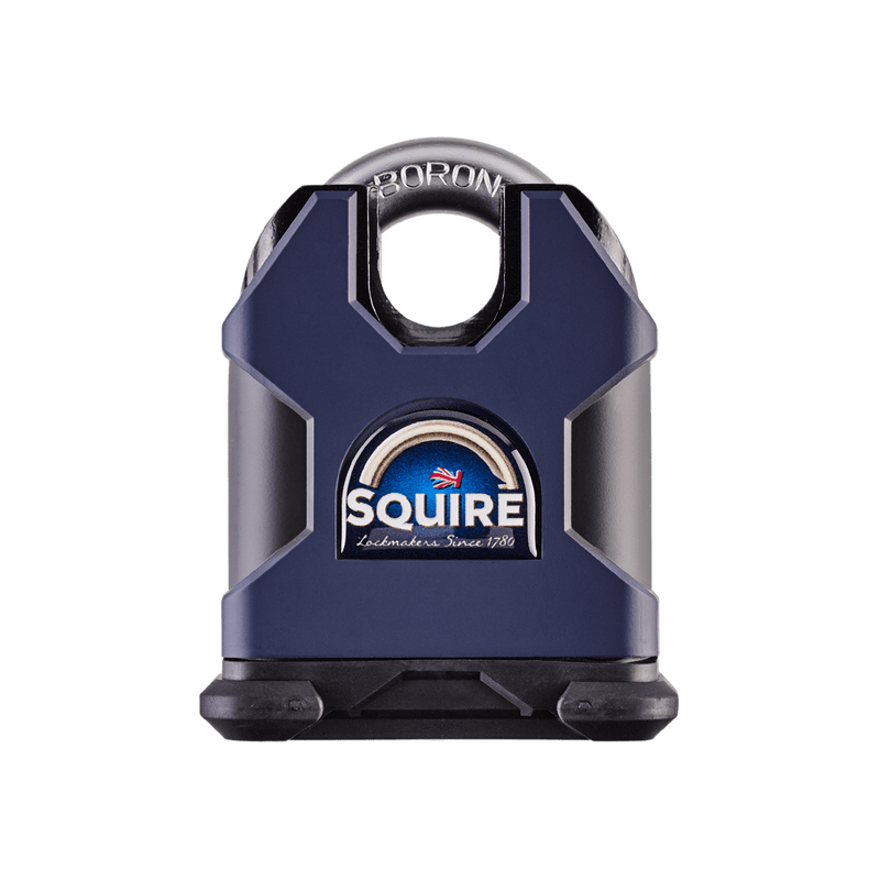 A dark blue and black Squire Stronghold Extra-High Security Rated dimple cylinder 65mm Closed Shackle Padlock with a branded label on the front, suitable for outdoor security uses.